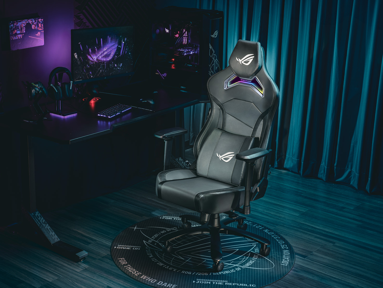 ROG Chariot X gaming chair front view to the left in a gaming room setting