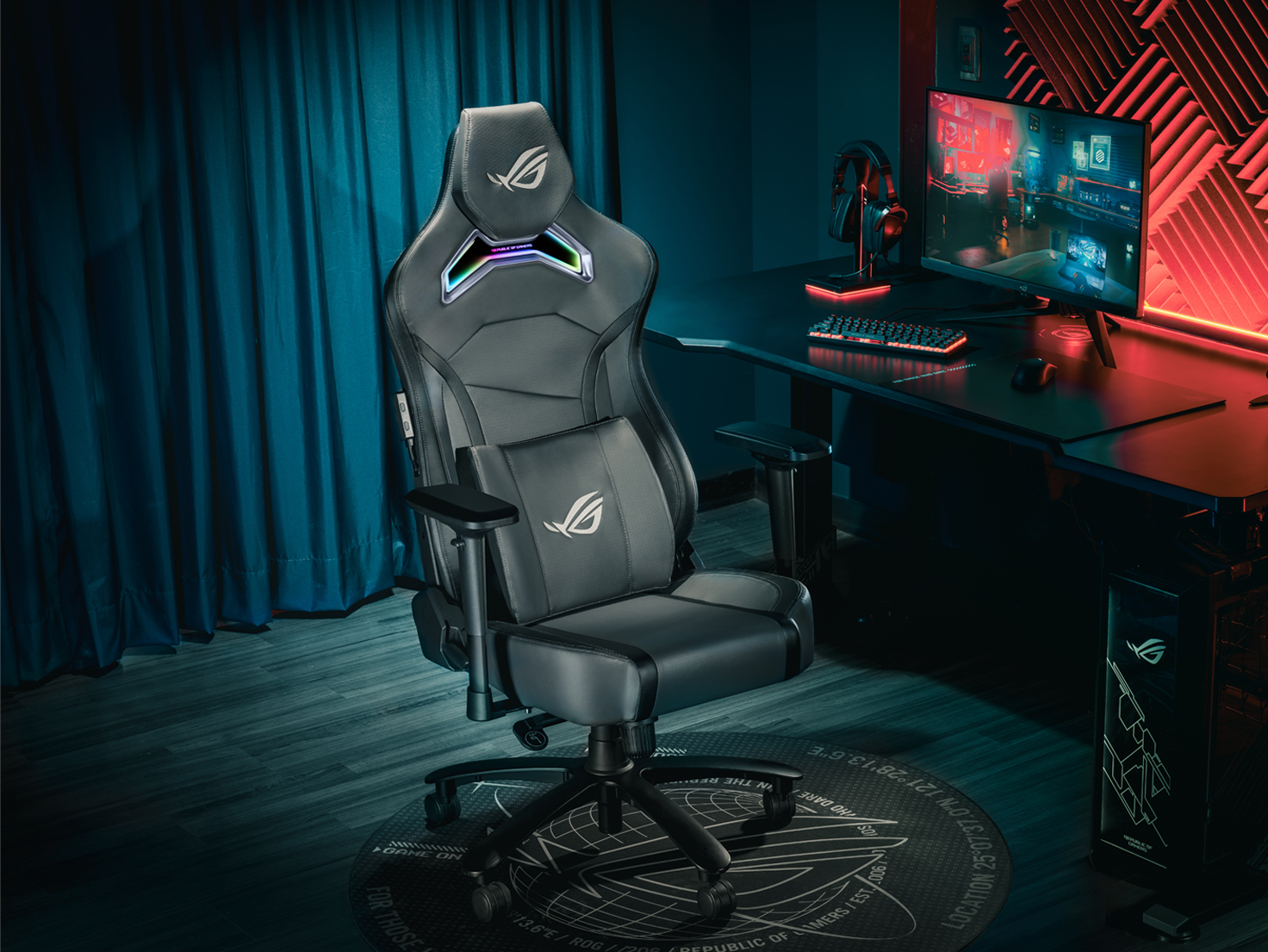 ROG Chariot X gaming chair front view to the right in a gaming room setting