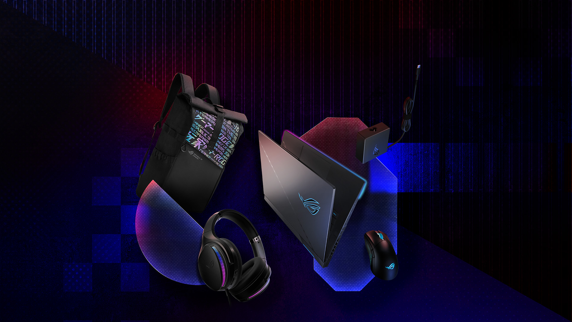 Egy ROG mintás háttér előtt balról jobbra egy ROG hátizsák, ROG Fusion II 300 headset, SCAR 18, 100W-os adapter és 