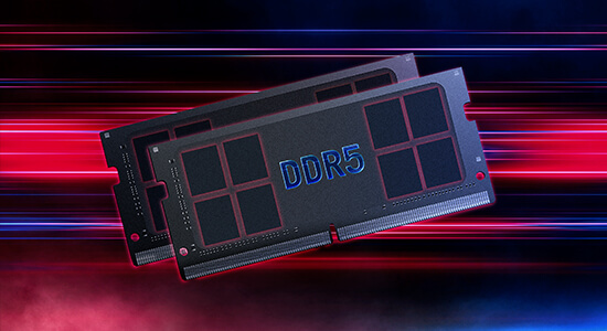 DDR5 RAM 模組的 2D 線框，位於模糊的紫色背景前方。