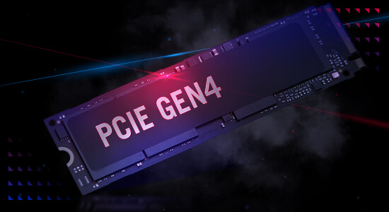 En M.2 PCIe Gen 4-enhet på en rökig bakgrund.