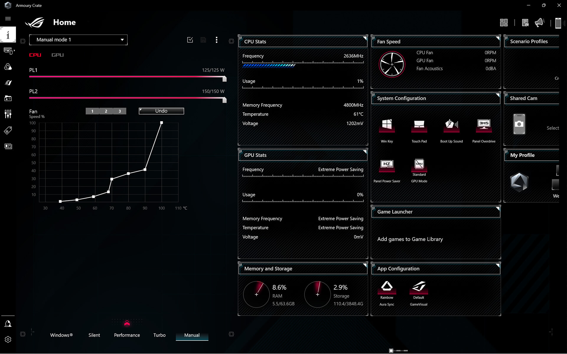 A interface mostra onde os utilizadores podem ajustar o sistema manualmente.