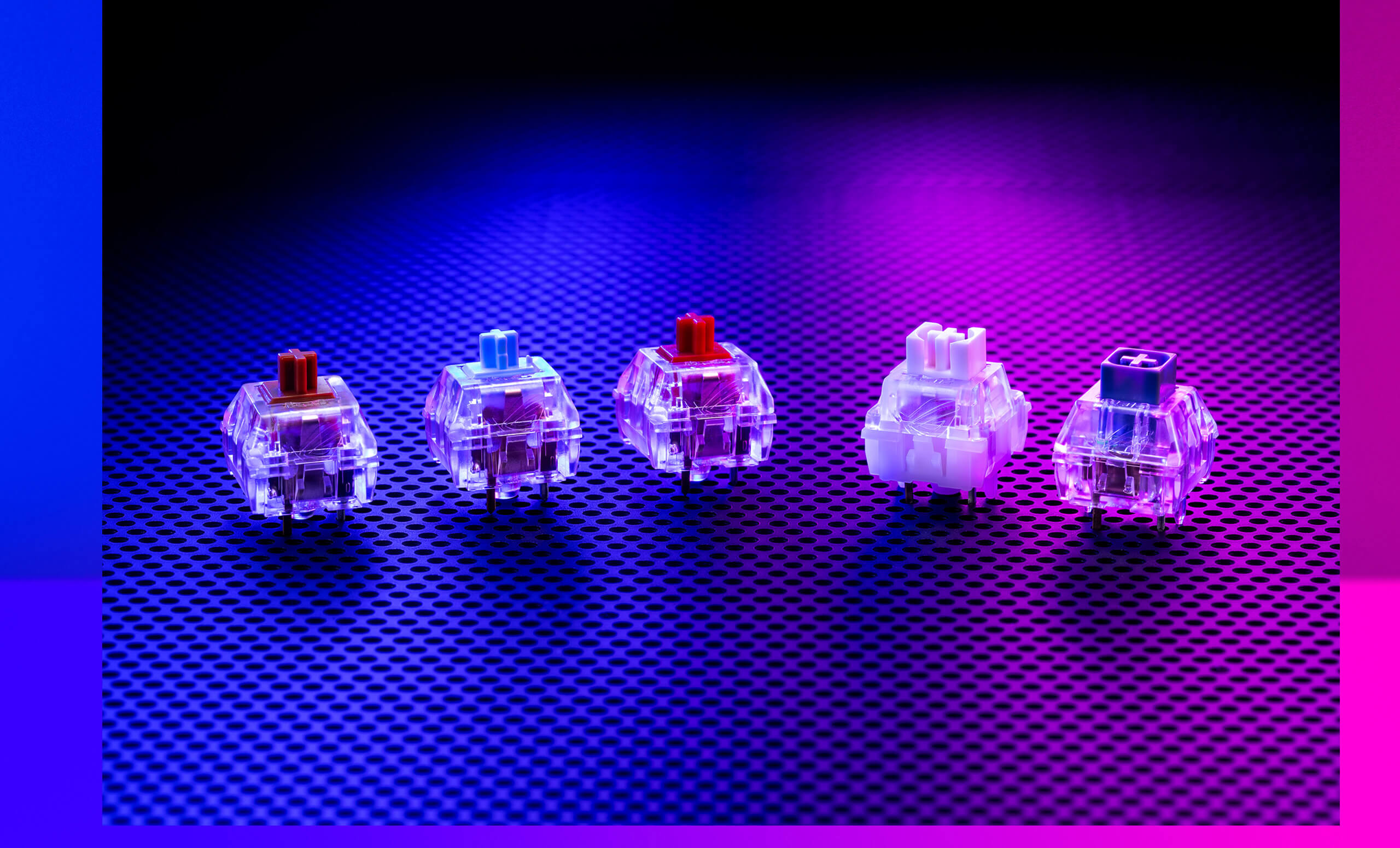 ROG NX Mechanical Switches listed from left to right: the ROG NX Brown, ROG NX Blue, ROG NX Red, ROG NX Snow, ROG NX Storm