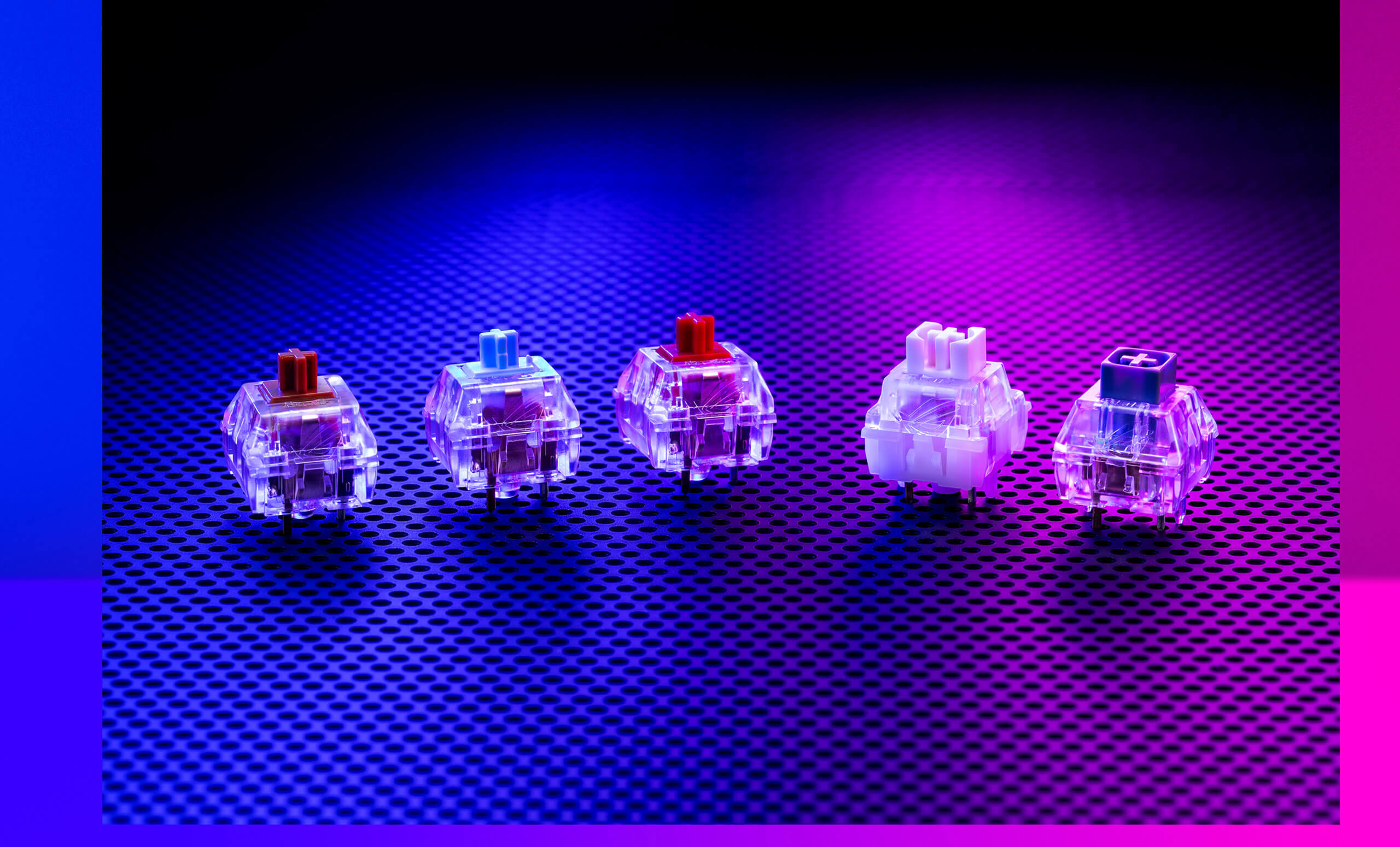 ROG NX mechanische switches van links naar rechts: de ROG NX Brown, ROG NX Blue, ROG NX Red, ROG NX Snow, ROG NX Storm