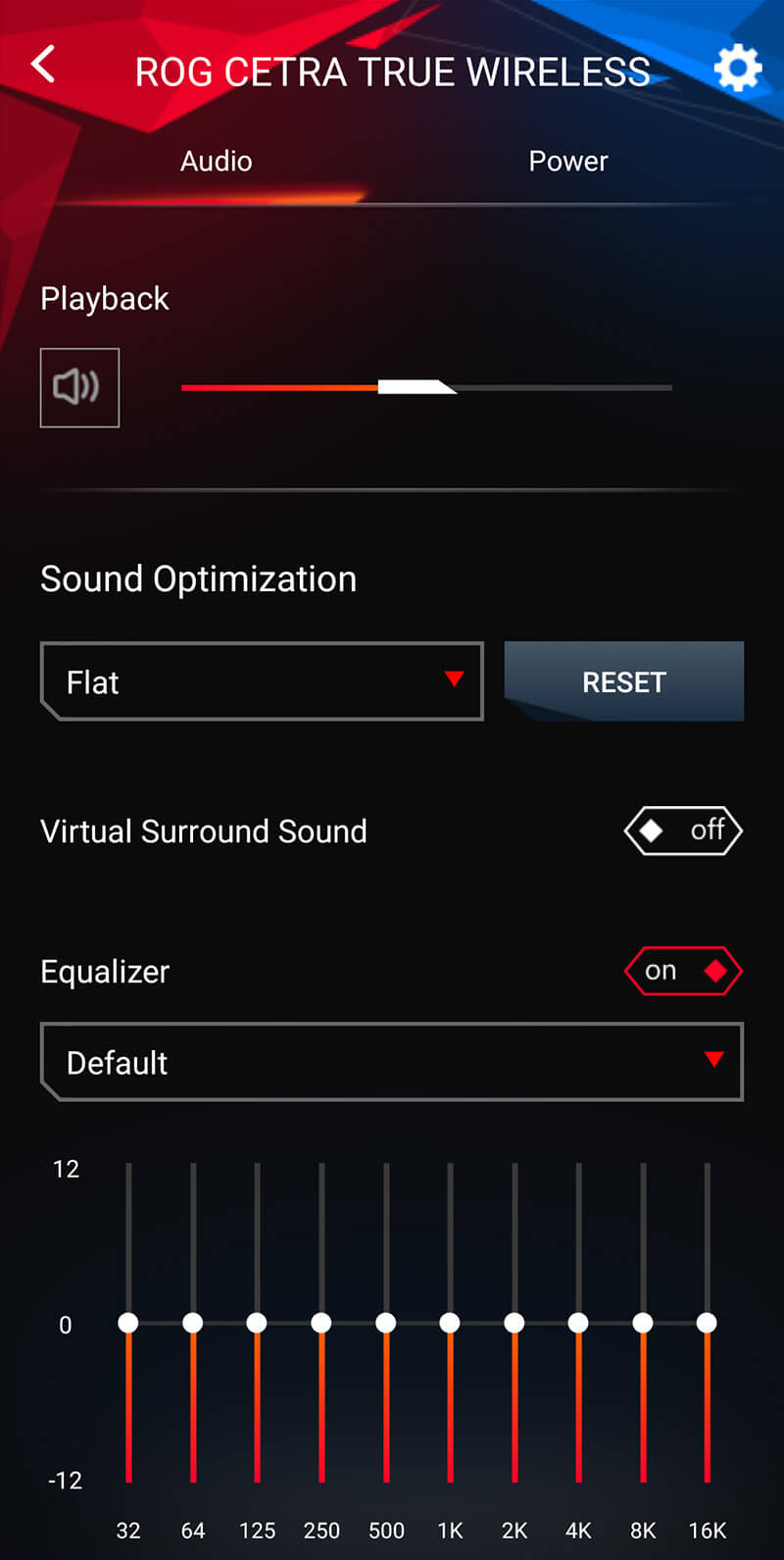 Een screenshot van de Armoury Crate-app waar je de audioprestaties kunt optimaliseren via verschillende instellingen