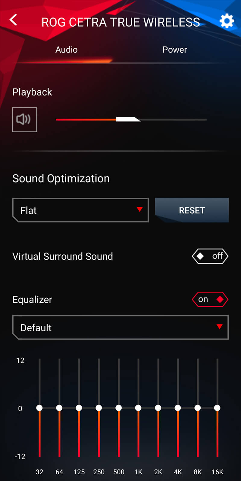 A screenshot of the Armoury Crate App where you can optimize audio performance via different settings