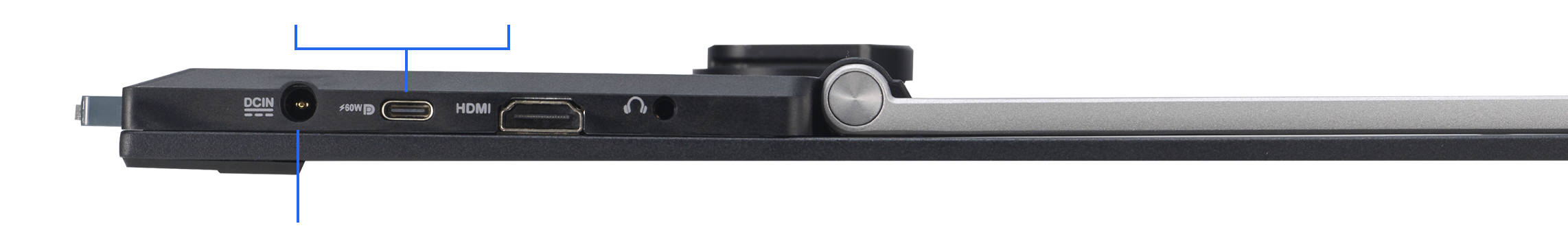 I/O-poorten met één USB-C met 60-watt vermogensafgifte, en HDMI® en een oortelefoonaansluiting