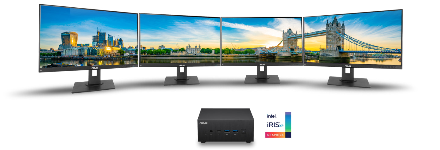 ExpertCenter PN64-E1 stands in front of quad 4K monitors with a Intel Iris Xe graphics logo