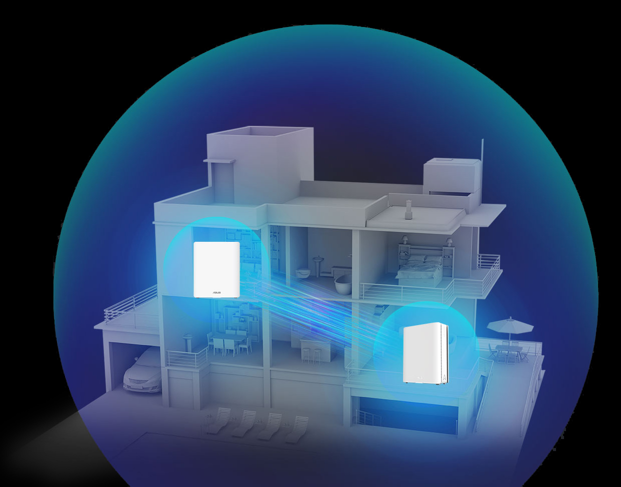 Illustrazione di una casa a tre piani con sovrapposizione blu che mostra la copertura di due pacchetti ZenWiFi BQ16, collocati su piani separati con un backhaul blu tecnologico che collega i router mesh.