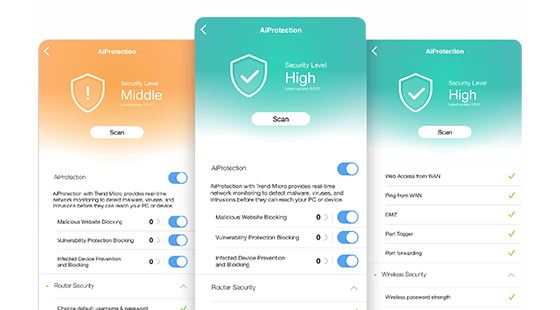 AiProtection Pro and security scan UI.