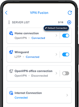 VPN Fusion UI with different usage scenarios, including gaming, streaming, and remote working.
