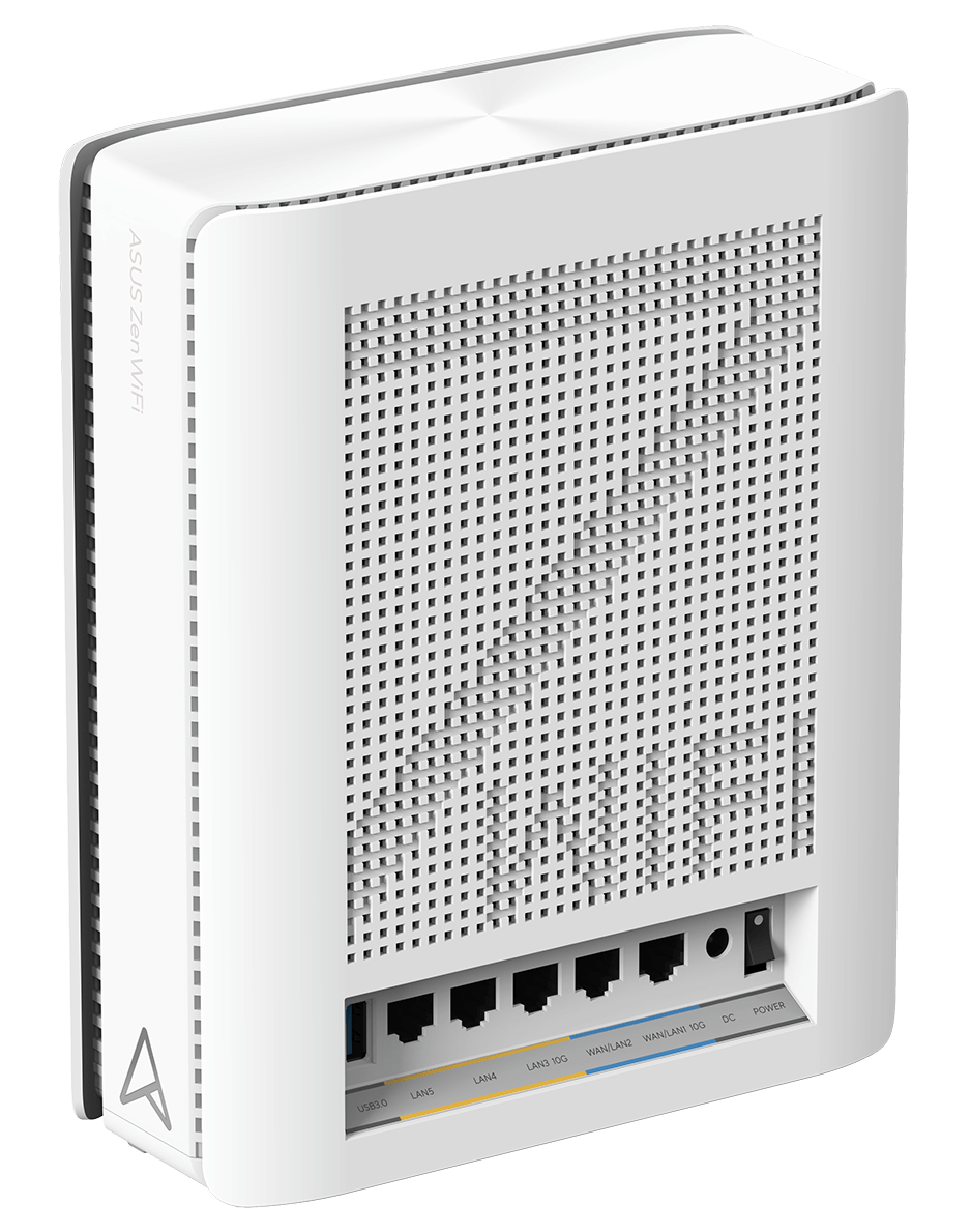 Un singolo router mesh ASUS ZenWiFi BQ16, inclinato per evidenziare le sue prese d'aria per la dissipazione del calore, con un emblema WiFi 7 sul pannello posteriore.