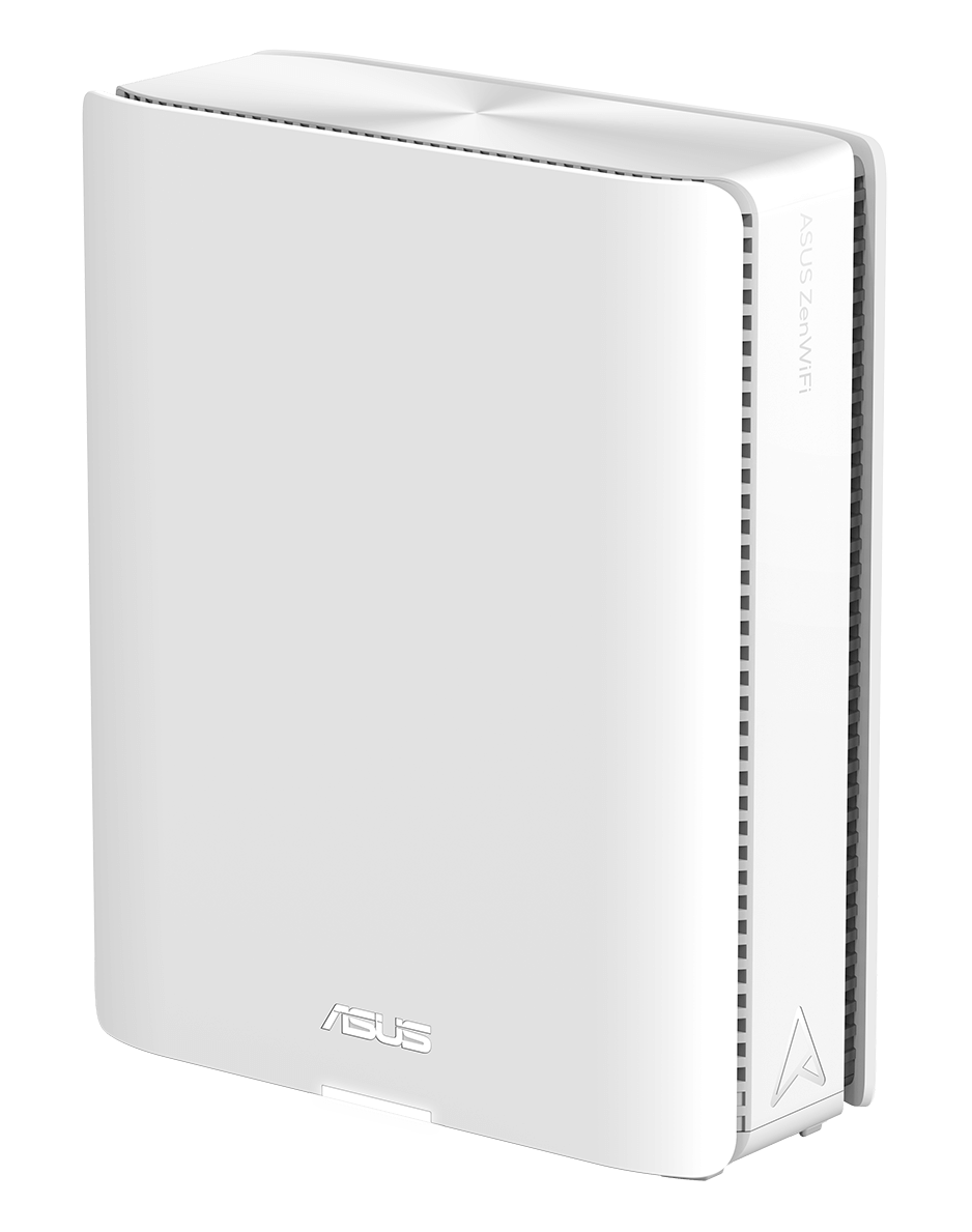 Voorkant van een enkele ASUS ZenWiFi BQ16 mesh-router, onder een hoek van 45 graden.