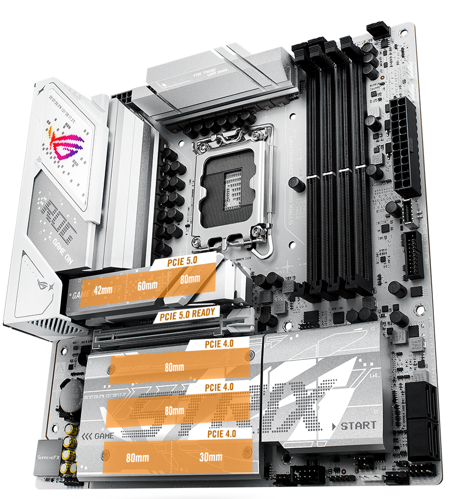 The Strix  B860-G PCIe 5.0 M.2 and expansion slot layout