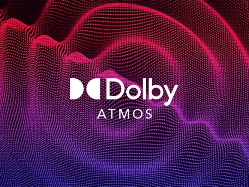 Dolby Atmos-pictogram vóór paarse geluidsgolven.