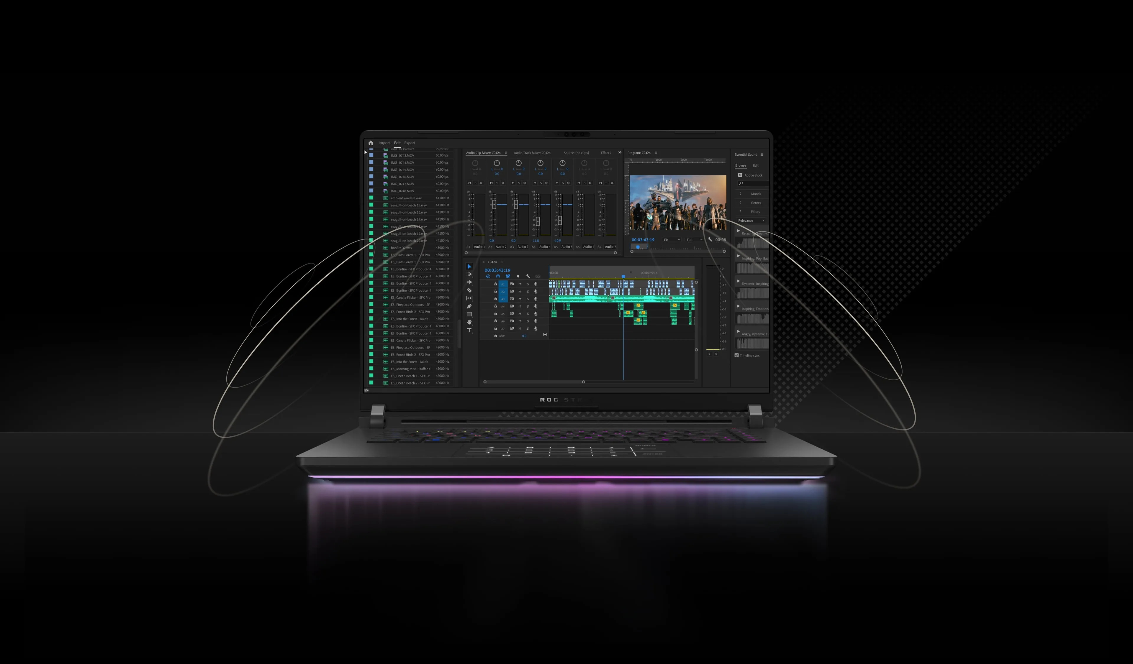 Un ordinateur portable ROG Strix avec un programme de montage vidéo à l'écran.