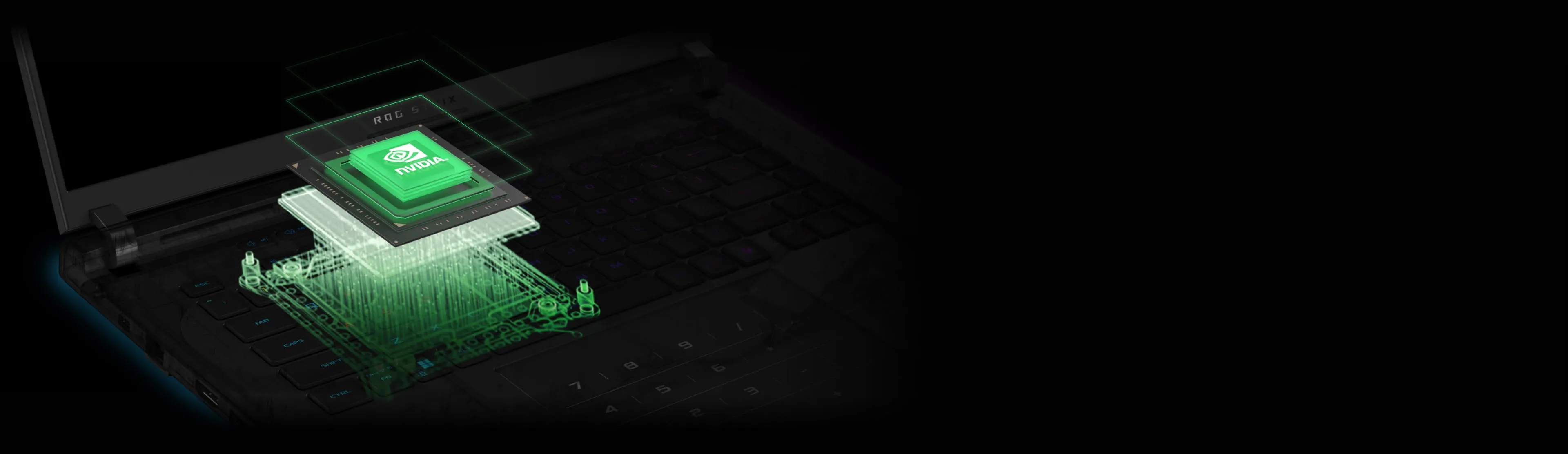 Un GPU NVIDIA apparaissant sous le clavier d'un ordinateur portable.