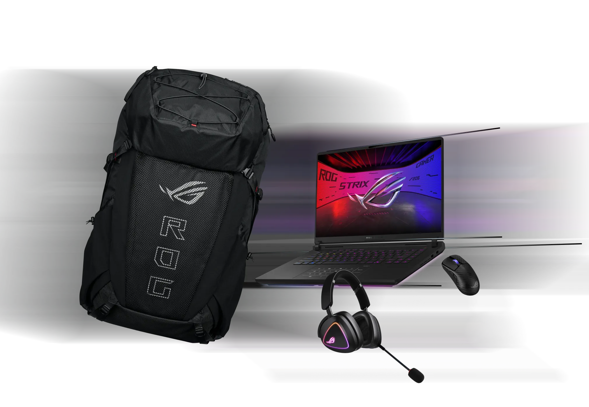 De gauche à droite : un sac à dos gaming ROG Archer ErgoAir, un casque ROG Delta II, un SCAR 16 et une souris ROG Harpe Ace Extreme.