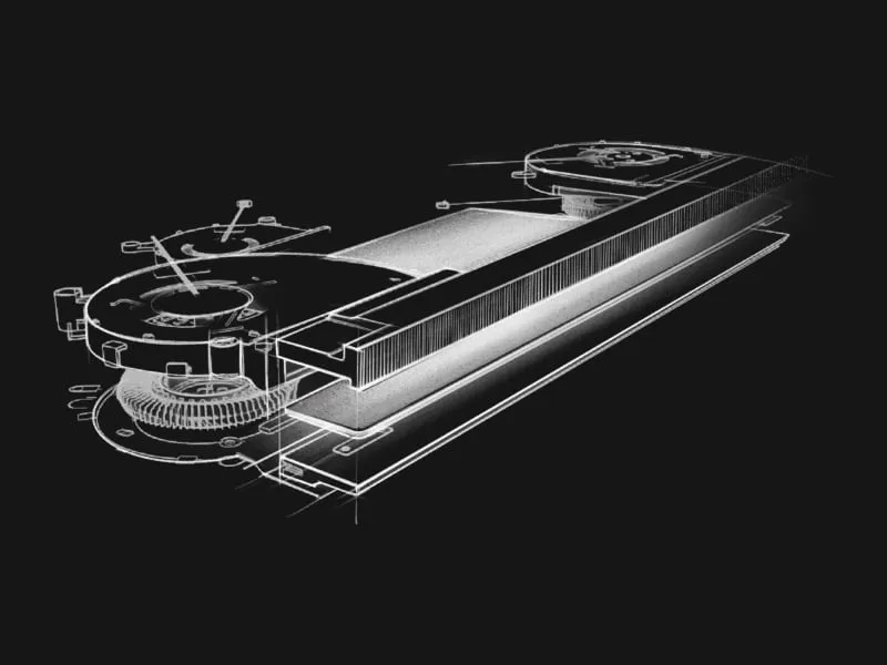 Een schets van de vapor chamber en thermische oplossing van de SCAR laptop.