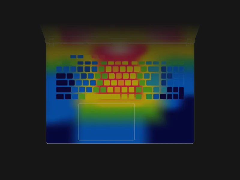 Een heatmap van het toetsenbord van de SCAR laptop, met de warme en koele gebieden benadrukt.