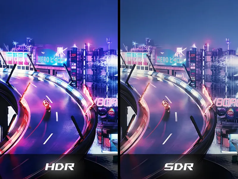 Een vergelijking van twee beelden naast elkaar, waarbij het linker beeld HDR is met geaccentueerde hoge lichten en contrast, en het rechter beeld SDR, met meer gedempte en fletse kleuren.