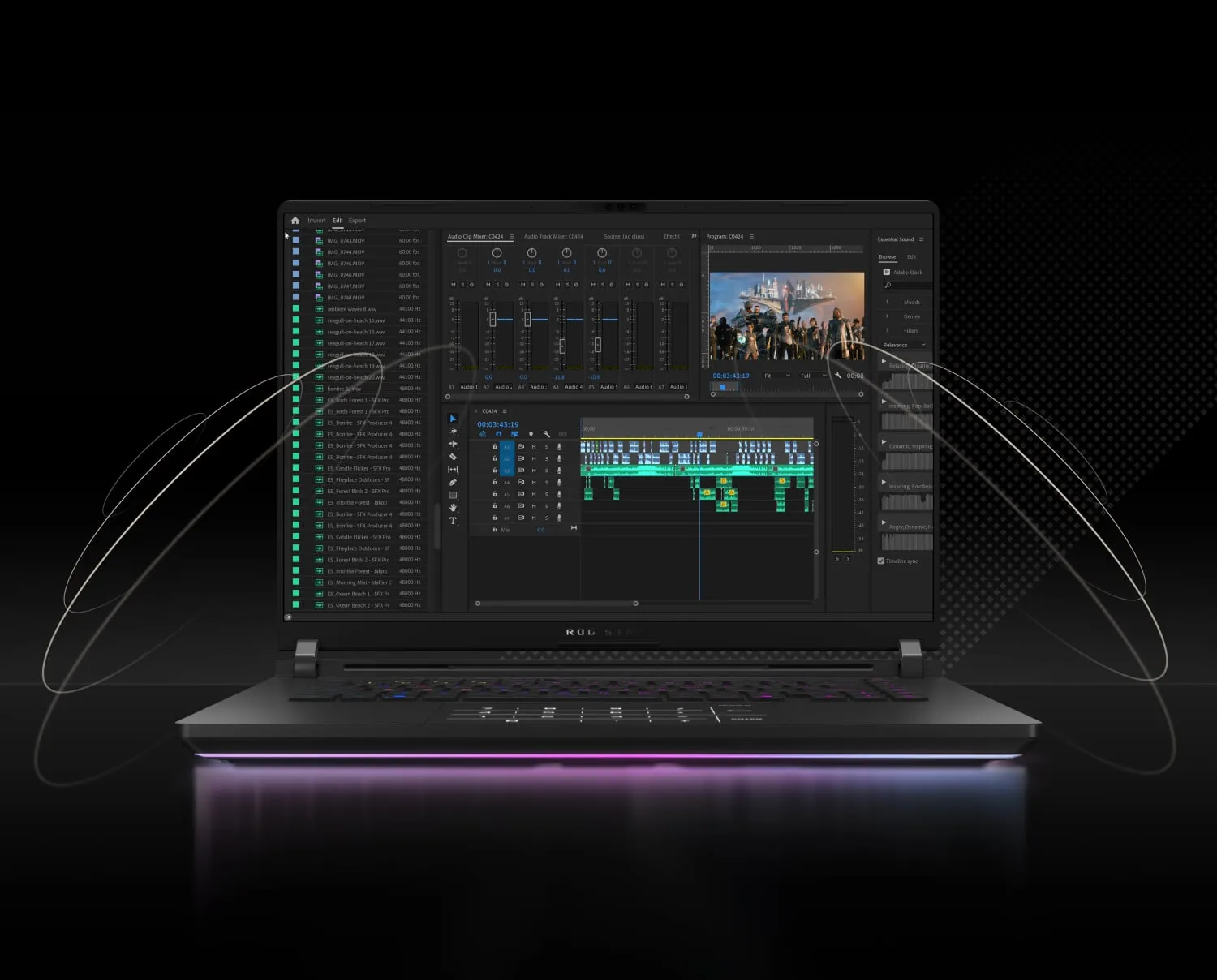 Een ROG Strix Laptop met een videobewerkingsprogramma op het scherm.