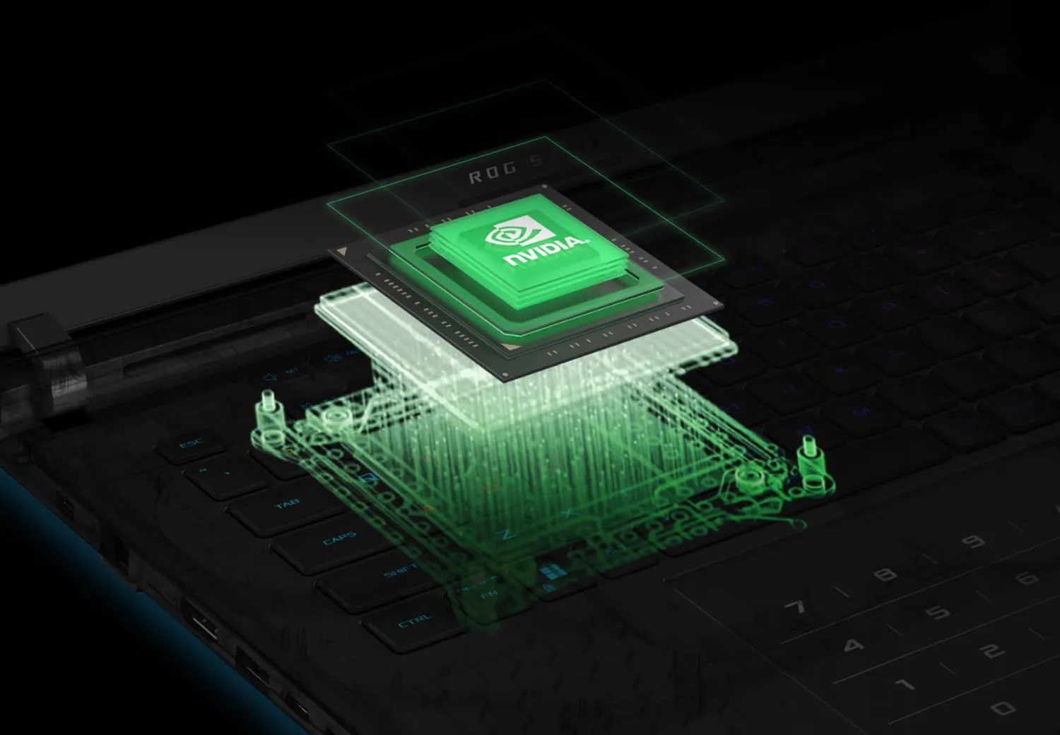 Un GPU NVIDIA apparaissant sous le clavier d'un ordinateur portable.