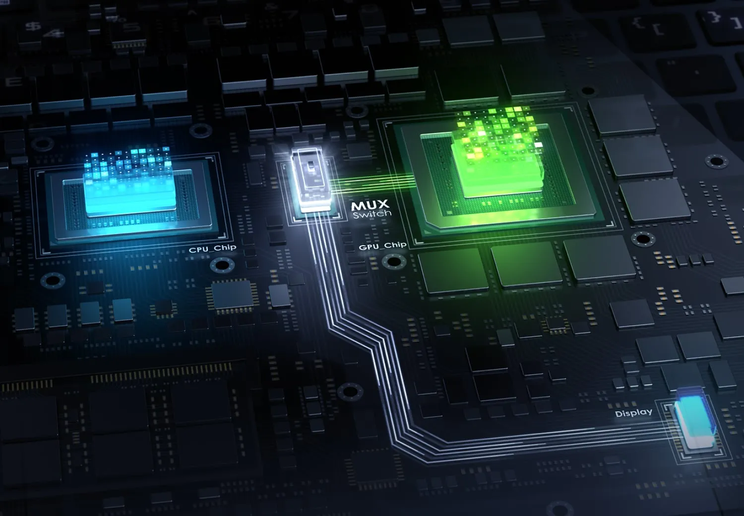 Rendu 3D d'un CPU, d'un GPU et d'un switch MUX acheminant le signal vidéo vers l'écran.