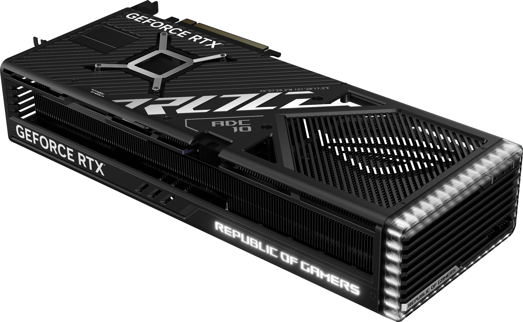 Відеокарта серії ROG Strix GeForce RTX 4080 під кутом, фокус на елементах ARGB-підсвічування