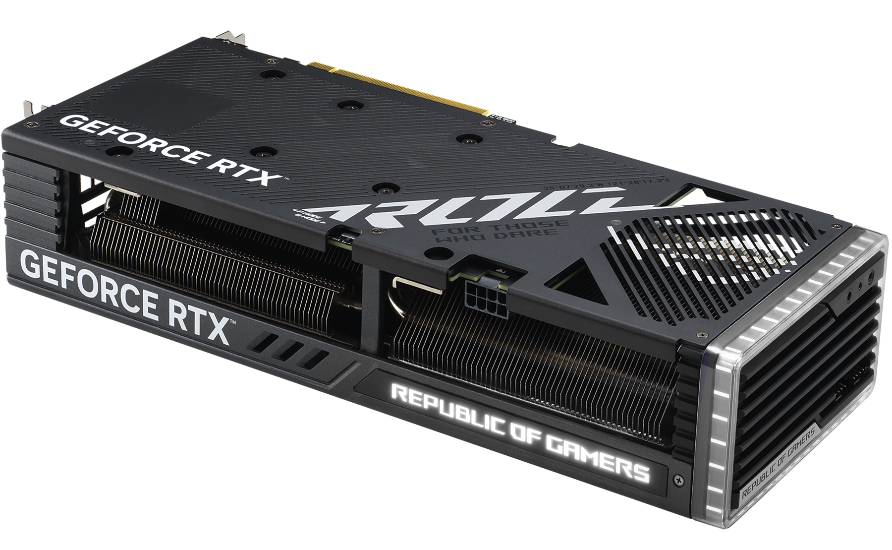 Відеокарта серії ROG Strix GeForce RTX 4060 під кутом, фокус на елементах ARGB-підсвічування