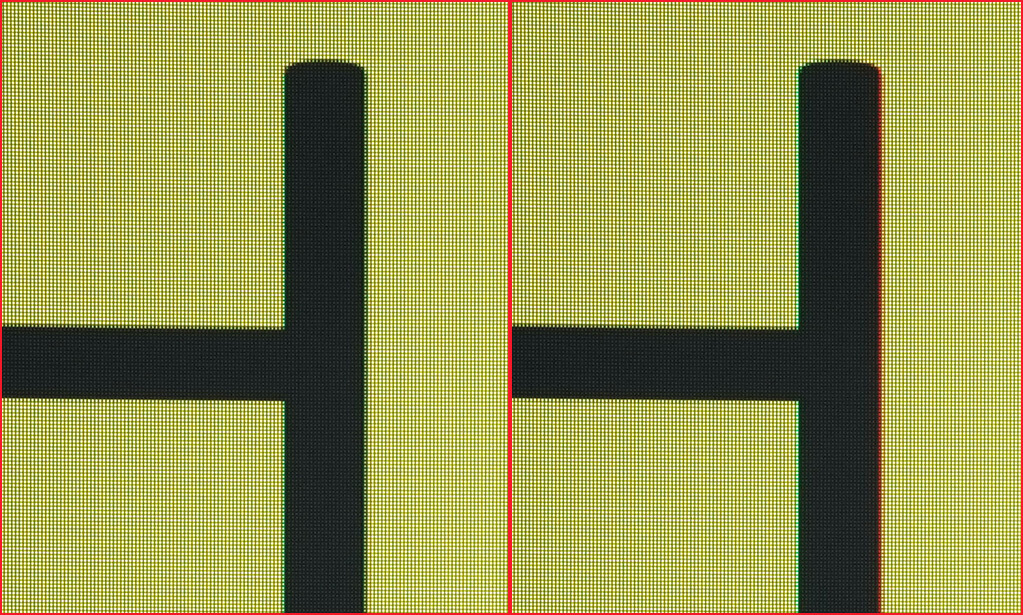 The edges of each individual letter is clear and crisp. / The edges of each letter shows red and green color fringing