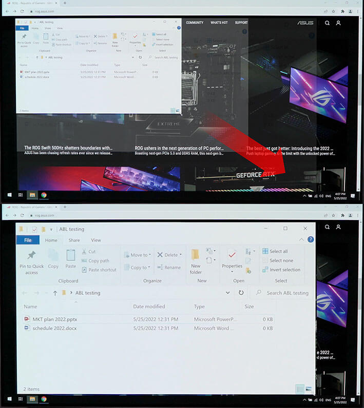 The comparison image of one white window getting bigger size and display brightness level keeps the same