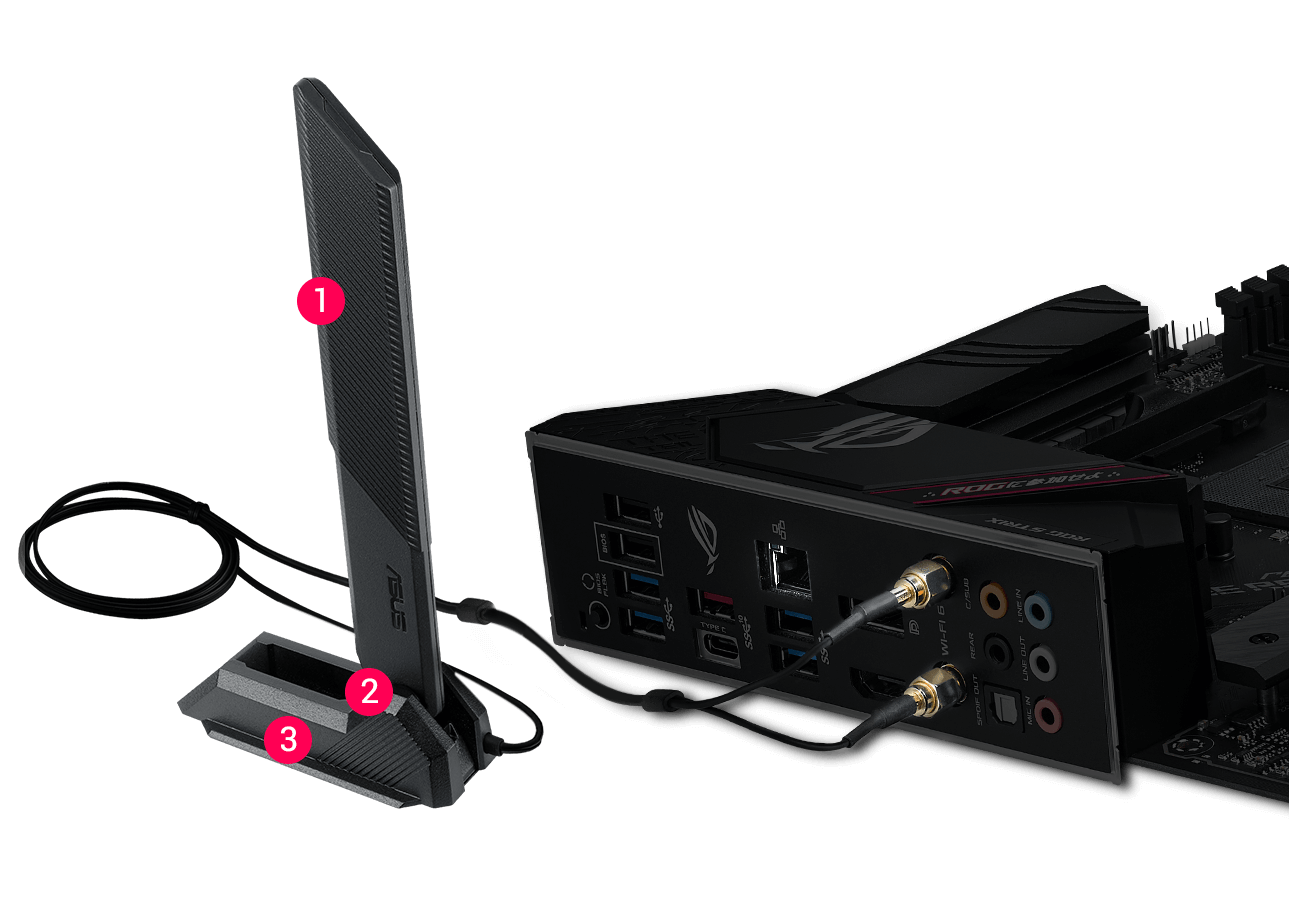 ROG Strix  B550-F Gaming WiFi II with connected WiFi 6 antenna