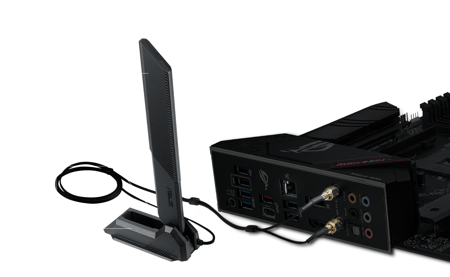 ROG Strix B550-F Gaming WiFi II with connected WiFi 6 antenna