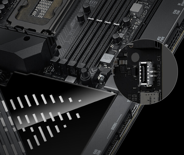 Материнська плата ROG Maximus Z790 Extreme оснащена роз’ємом USB 3.2 Gen 2x2 для передньої панелі з підтримкою технології заряджання Quick Charge 4+.