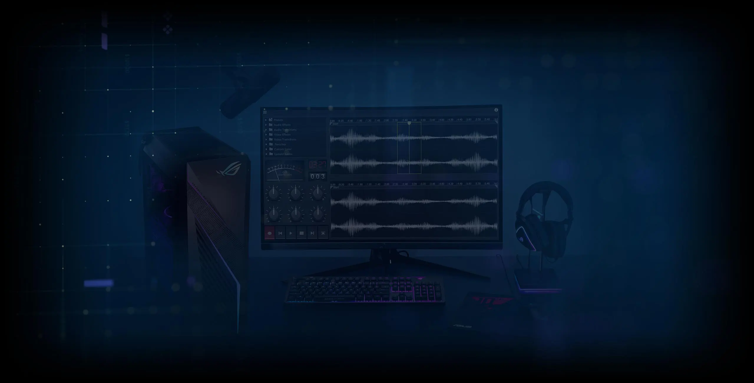 The ROG G16 next to a monitor with sound recording software showing on screen and sound waves coming in from all angles.