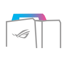 Une icône représentant l'ordinateur ROG G16, avec la poignée de transport surlignée en bleu et en rose.