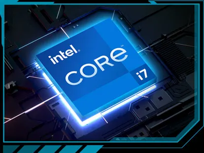 A blue square on a circuit board with the Intel Core i7 logo on the inside.