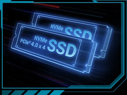 A blue outline of an NVME SSD on a black background.