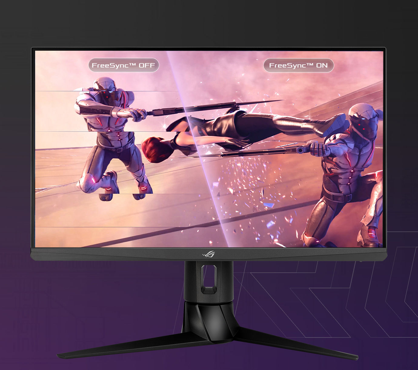 A comparison showing ROG Strix XG249CM with and without FreeSync