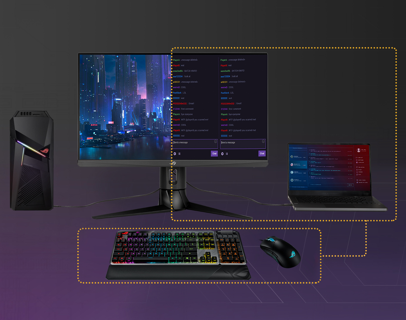 There are one ROG Strix XG249CM and it is connecting the computer and motherboard, which can use in one keyboard and mouse pad