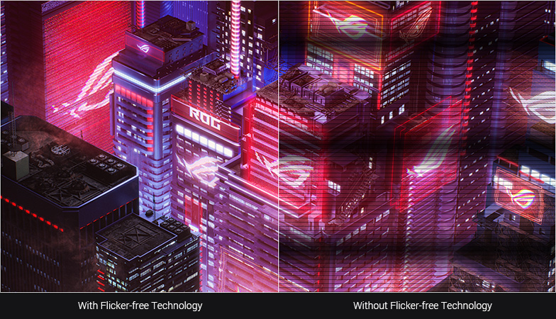 A comparison showing ROG Strix XG249CM with and without flicker-free technology