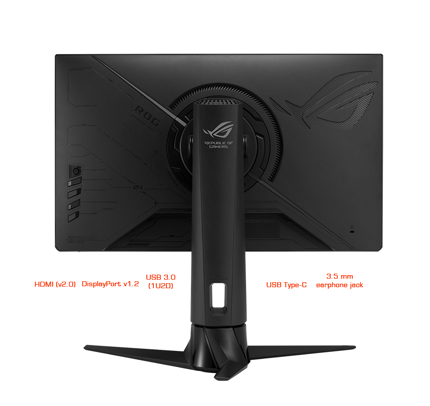 ROG Strix XG249CM back view with a big ROG Aura lighting effect and I/O ports design highlighted