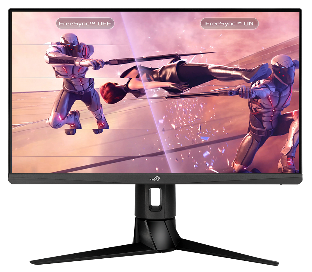 A comparison showing ROG Strix XG249CM with and without FreeSync