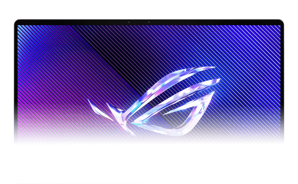 The top half of a Zephyrus G16’s screen, with the ROG Fearless Eye logo on screen.