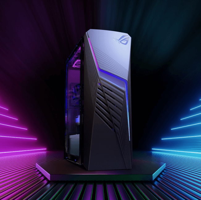 The Strix G13CHR sitting on a pedestal, with front RGB illuminated.