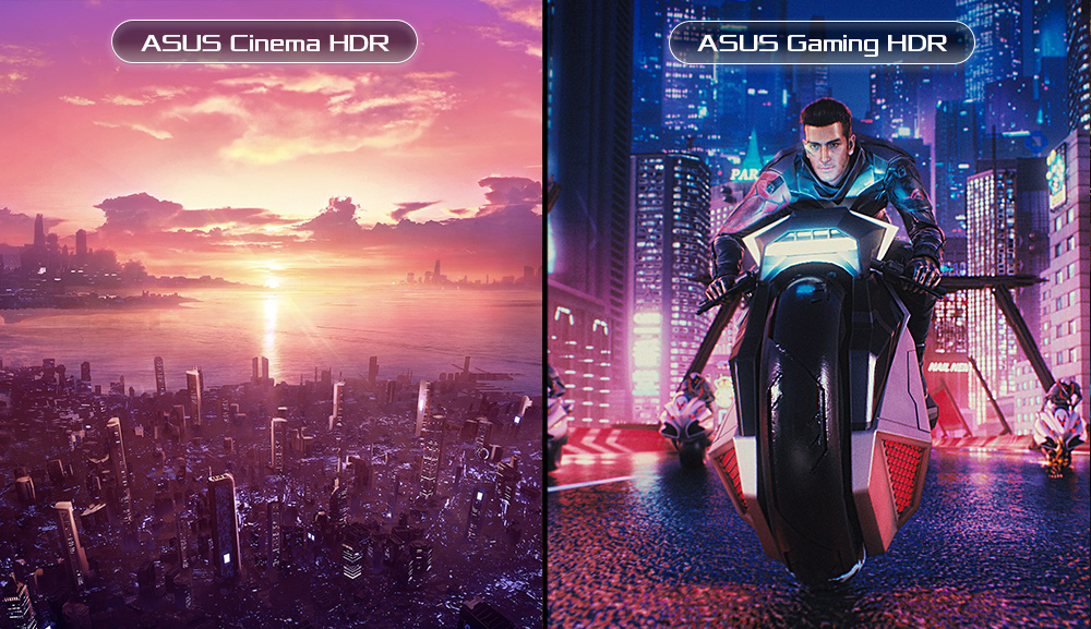 A comparison showing ROG Strix XG27AQM with using Cinema HDR mode and Gaming HDR mode