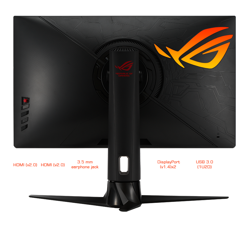 ROG Strix XG27AQM back view with a big ROG Aura lighting effect and comprehensive I/O ports design highlighted