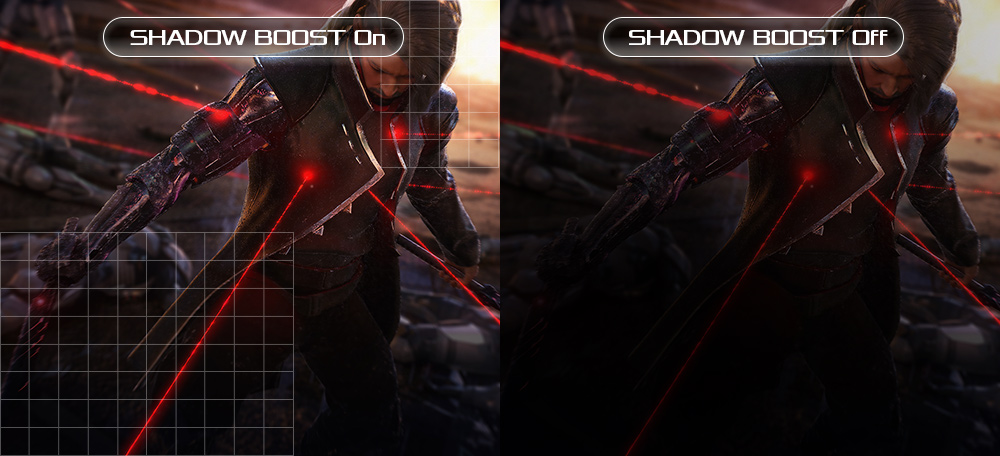 A comparison showing ROG Strix XG27AQM with and without Shadow Boost