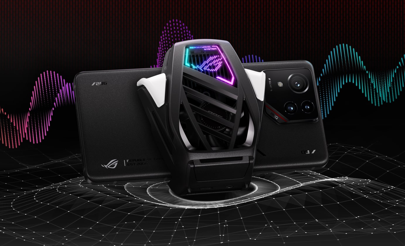 The AeroActive Cooler X Pro attached to the ROG Phone 9 Pro shown in an angled view from the front.